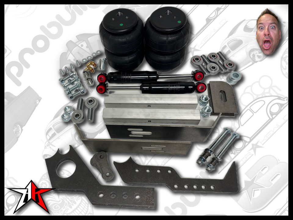 Flat-lay of all components in the Airkewld Swing Axle Air Ride Kit