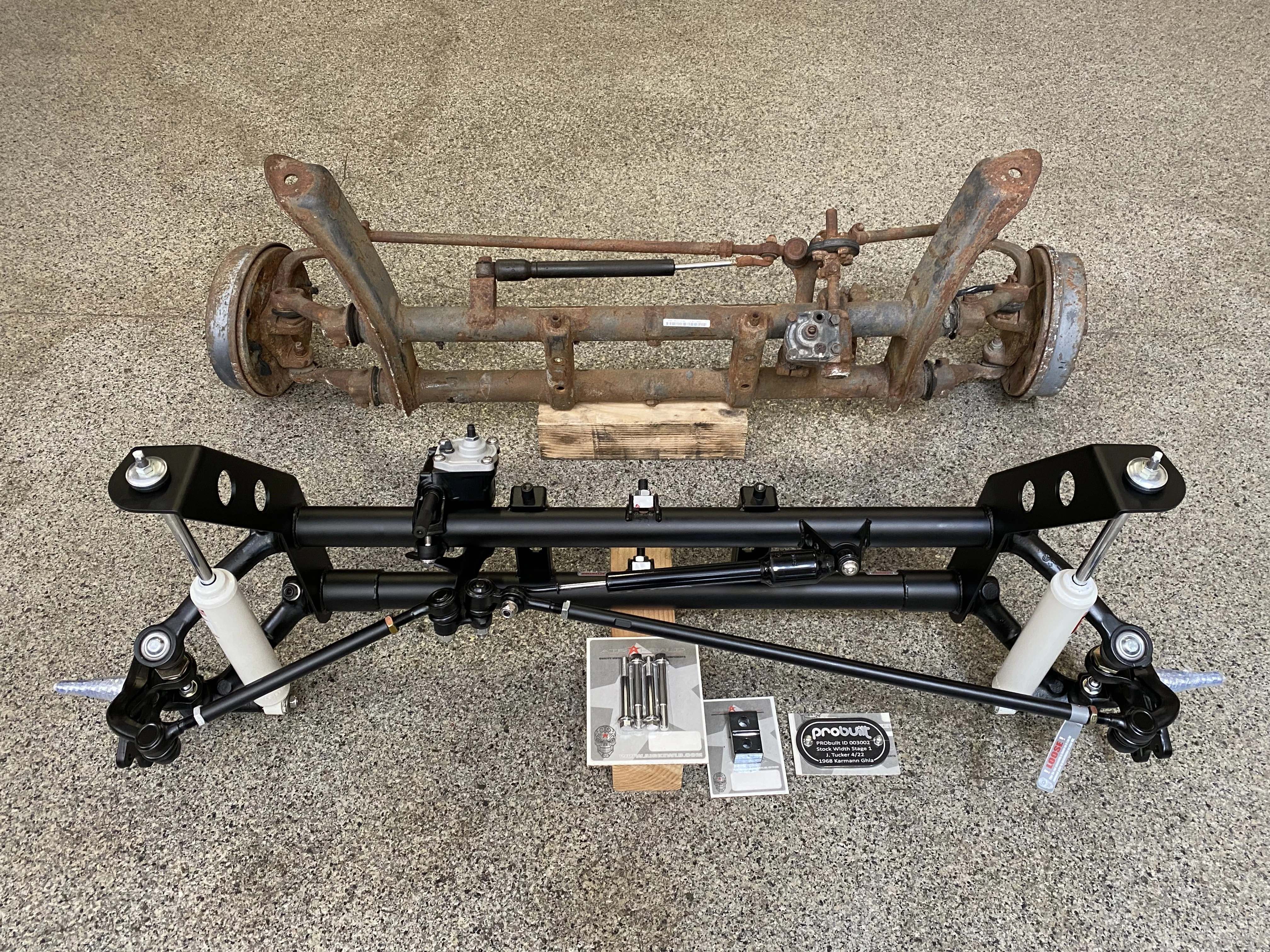 Airkewld narrowed VW front beam compared to stock width beam